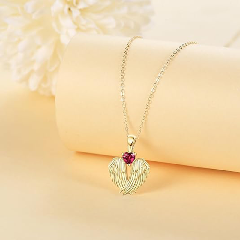 14K Gold Birthstone Angel Wing Pendant Necklace-4
