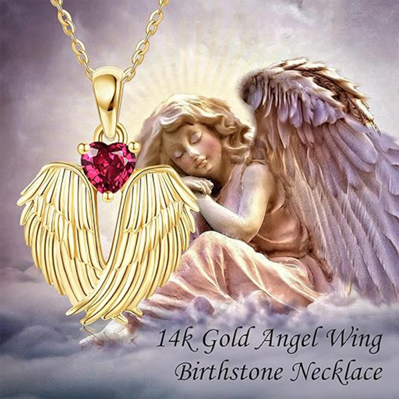 14K Gold Birthstone Angel Wing Pendant Necklace-5