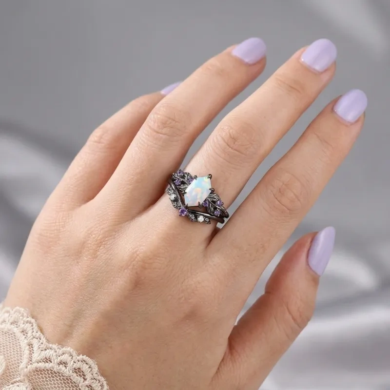 18K Gold Black Color Hexagon Cut Amethyst & Moissanite & Opal Bridal Set-2