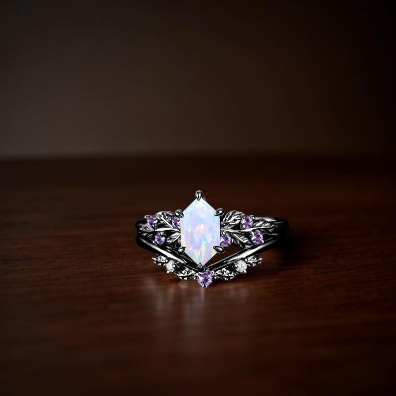 18K Gold Black Color Hexagon Cut Amethyst & Moissanite & Opal Bridal Set-3