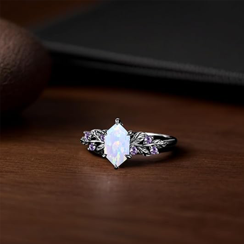 18K Gold Black Color Hexagon Cut Amethyst & Moissanite & Opal Bridal Set-4