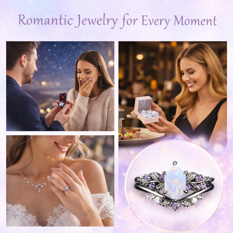 18K Gold Black Color Hexagon Cut Amethyst & Moissanite & Opal Bridal Set-5
