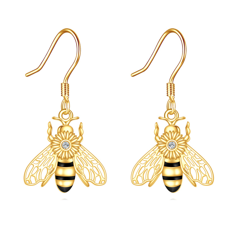 14 Karat Gold schwarze Zirkonia-Bienen-Tropfenohrringe für Damen-1