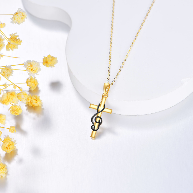 10K Gold & Black Cubic Zirconia Cross & Music Symbol Pendant Necklace-4