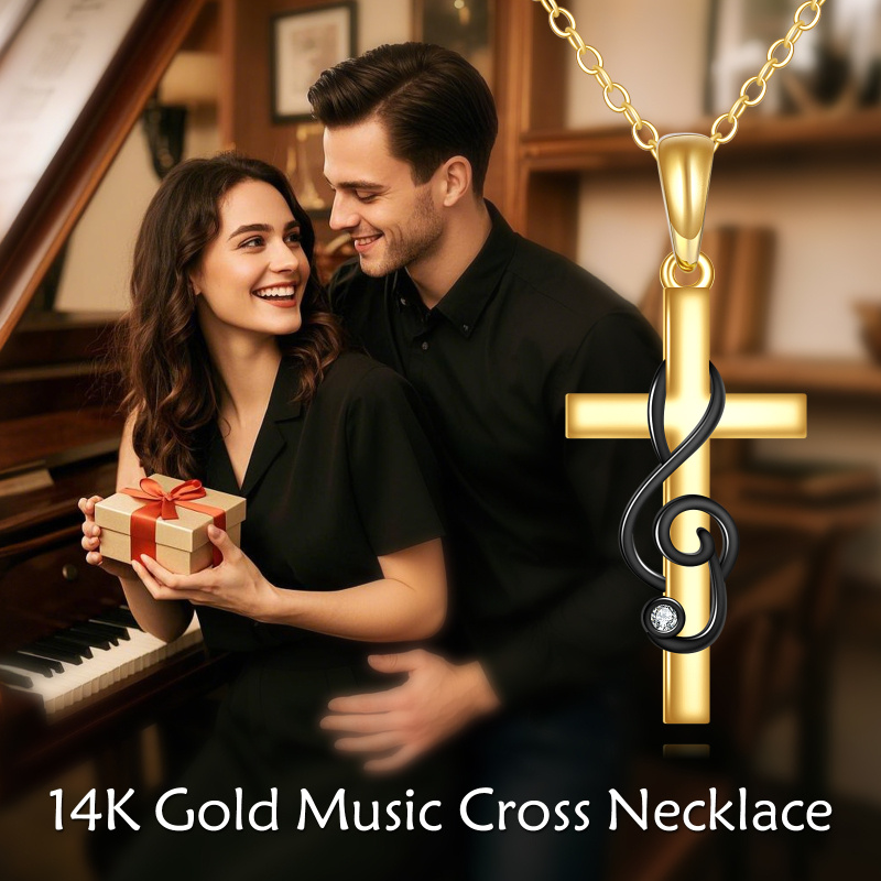 10K Gold & Black Cubic Zirconia Cross & Music Symbol Pendant Necklace-6
