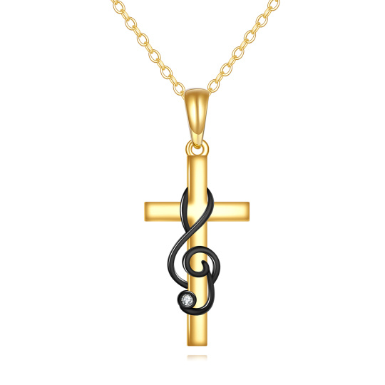 Colar de Pingente em Ouro 10K com Símbolo de Cruz e Música em Zircônia Cúbica Preta