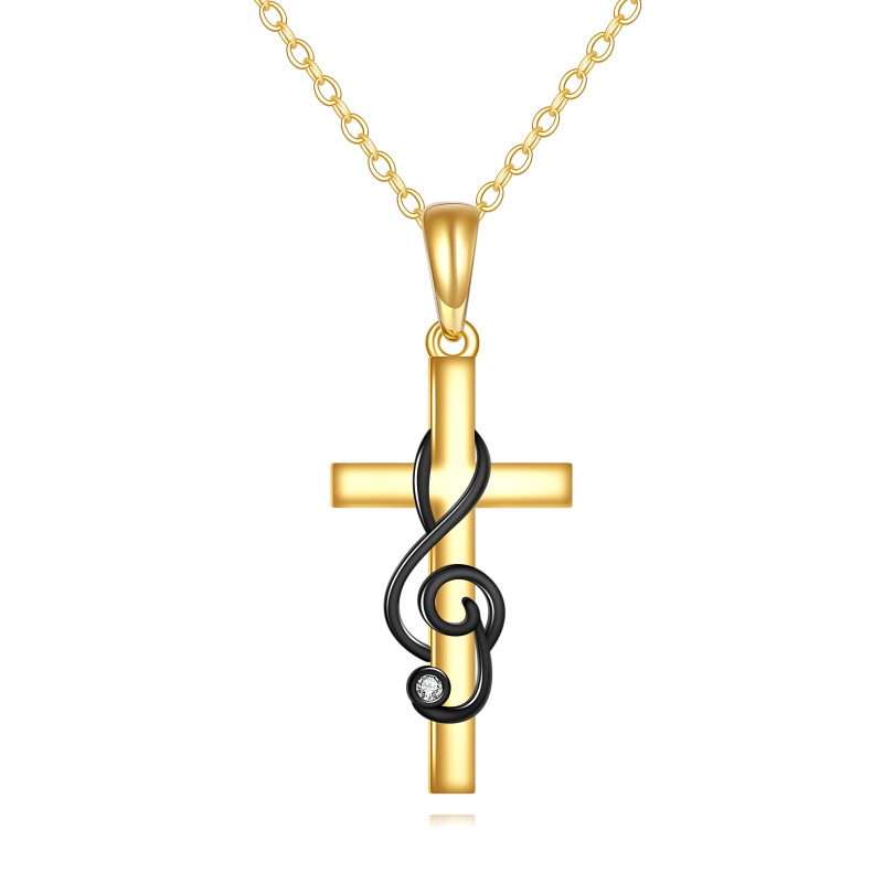 10K Gold & Black Cubic Zirconia Cross & Music Symbol Pendant Necklace-1