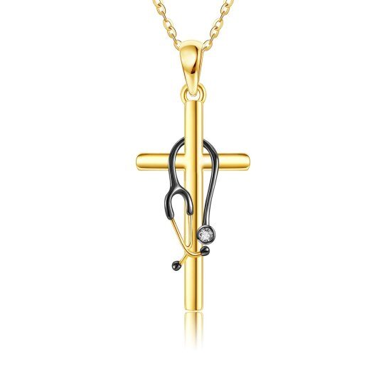10K Gold & Black Cubic Zirconia Stethoscope Pendant Necklace