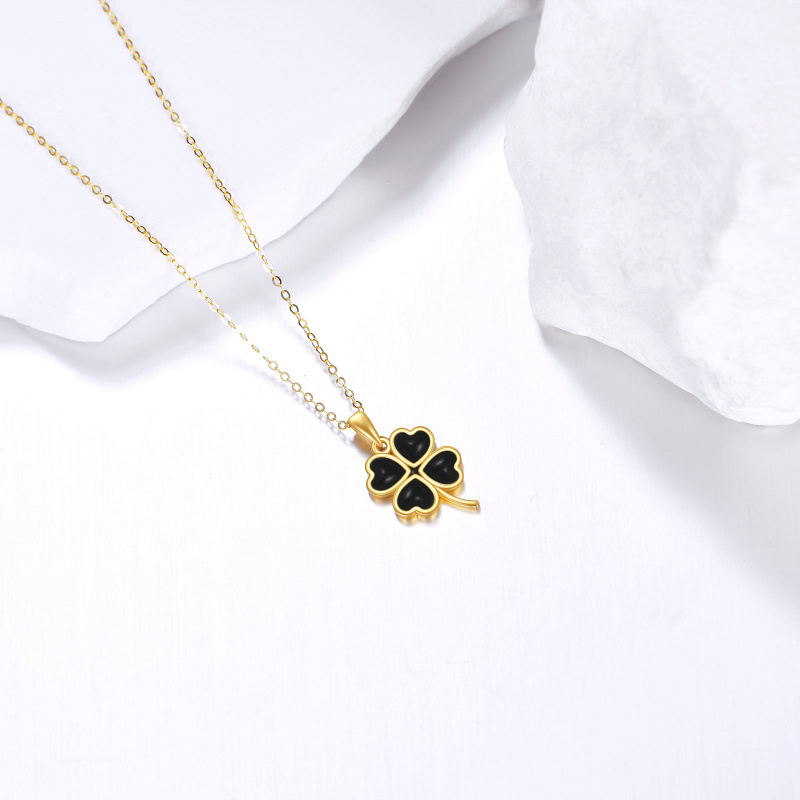 14K Gold Black Onyx Four Leaf Clover Pendant Necklace-3