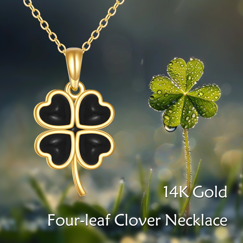 14K Gold Black Onyx Four Leaf Clover Pendant Necklace-5