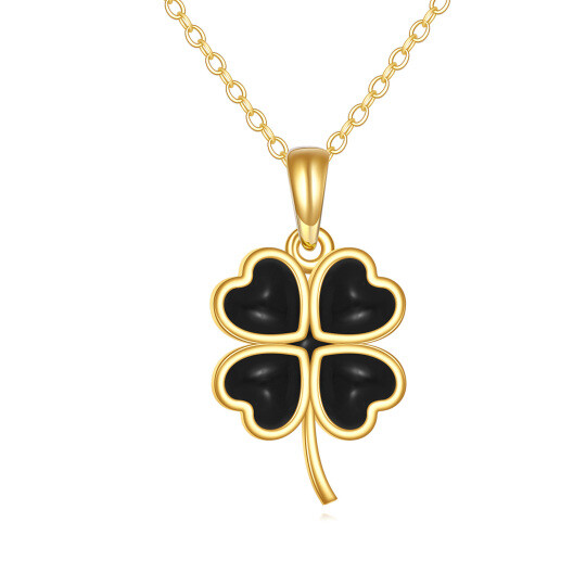 Collar con colgante de trébol de cuatro hojas en ónix negro y oro de 14 quilates