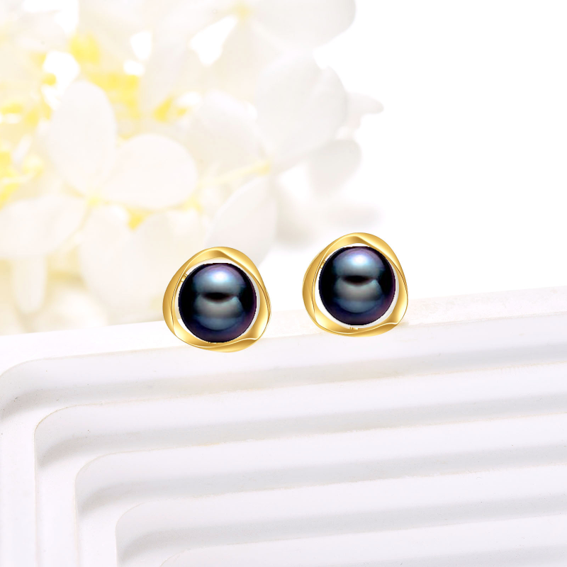 10K Gold Black Round Pearl Stud Earrings-3