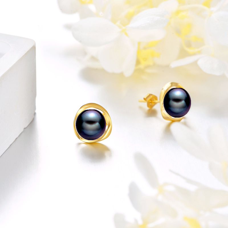 10K Gold Black Round Pearl Stud Earrings-4