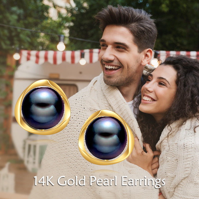 10K Gold Black Round Pearl Stud Earrings-6