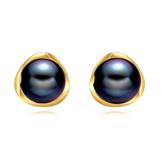 10K Gold Black Round Pearl Stud Earrings