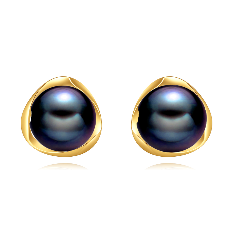 10K Gold Black Round Pearl Stud Earrings-1