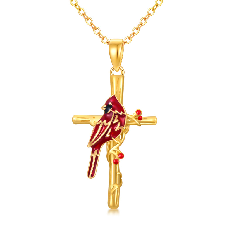 14K Gold Cardinal & Cross Pendant Necklace-1
