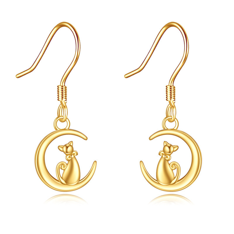 Pendientes colgantes de gato y luna de oro de 10 quilates-1