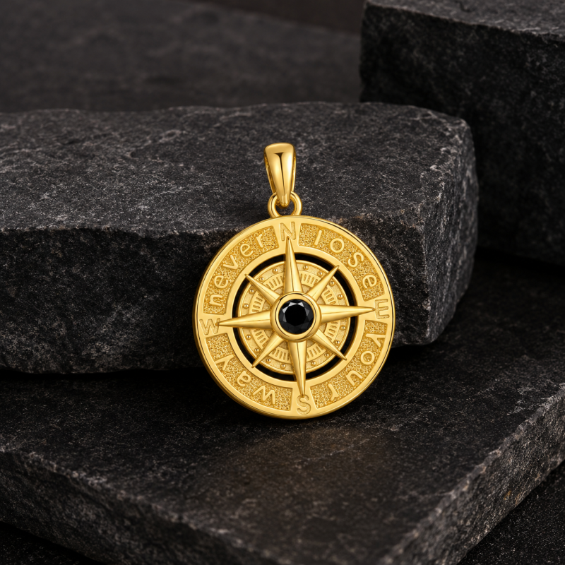 18K Gold Chainless Compass Pendant Charm for Men-3