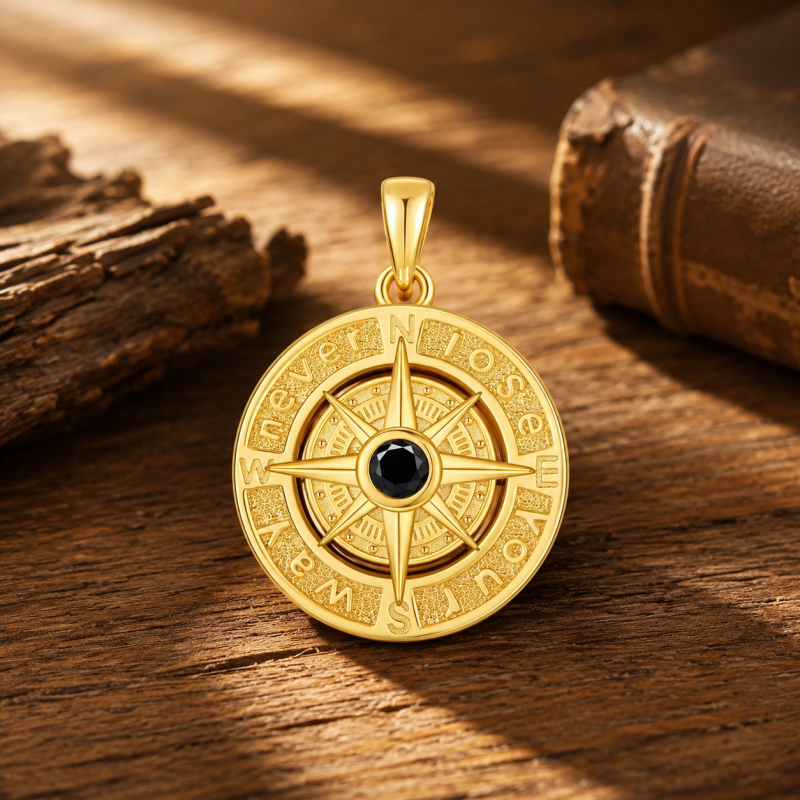 18K Gold Chainless Compass Pendant Charm for Men-4