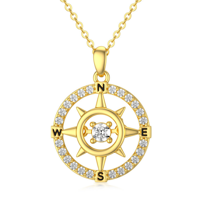 10K Gold Circular Cubic Zirconia Compass Pendant Necklace With Letter For Women-1