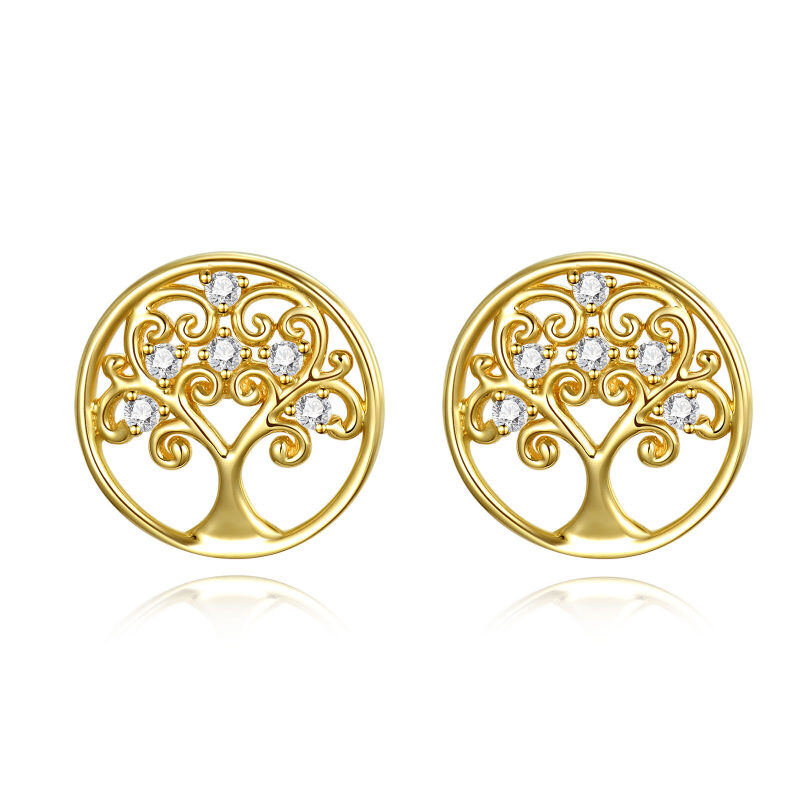 10K Gold Circular Cubic Zirconia Tree Of Life Stud Earrings-1