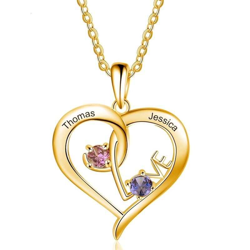 Collier rond en vermeil doré personnalisé avec gravure de pierre de naissance et cœur pour femme-1