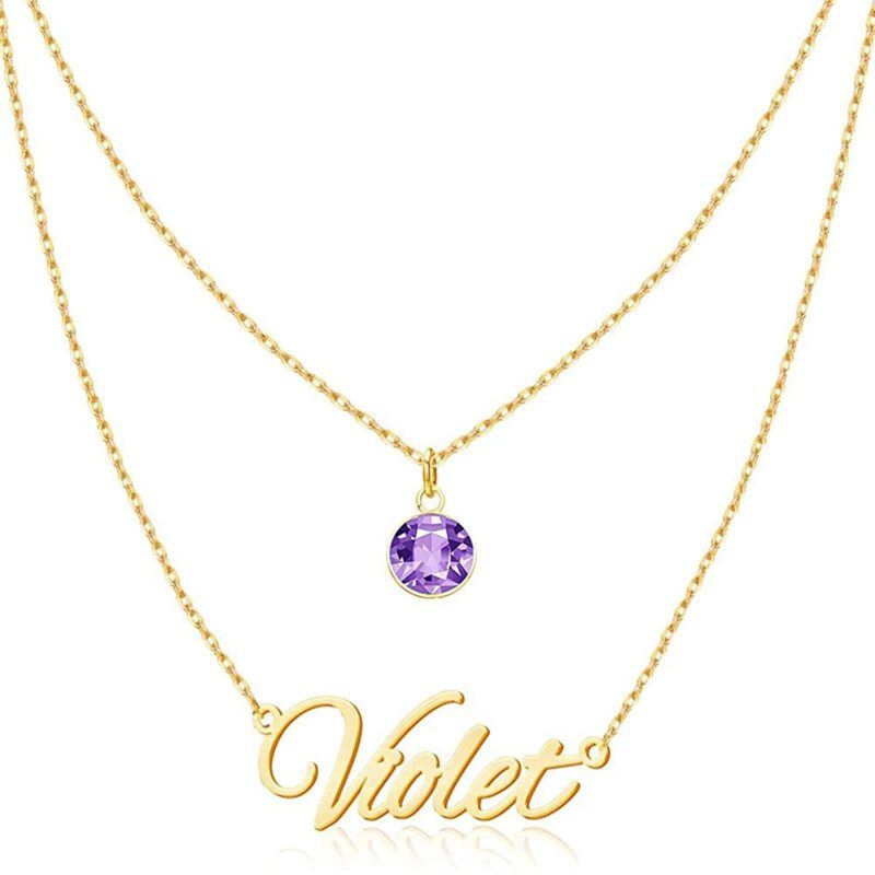 Collar con colgante de piedra natal personalizado, de oro de 10 quilates, con cristal circular.-1