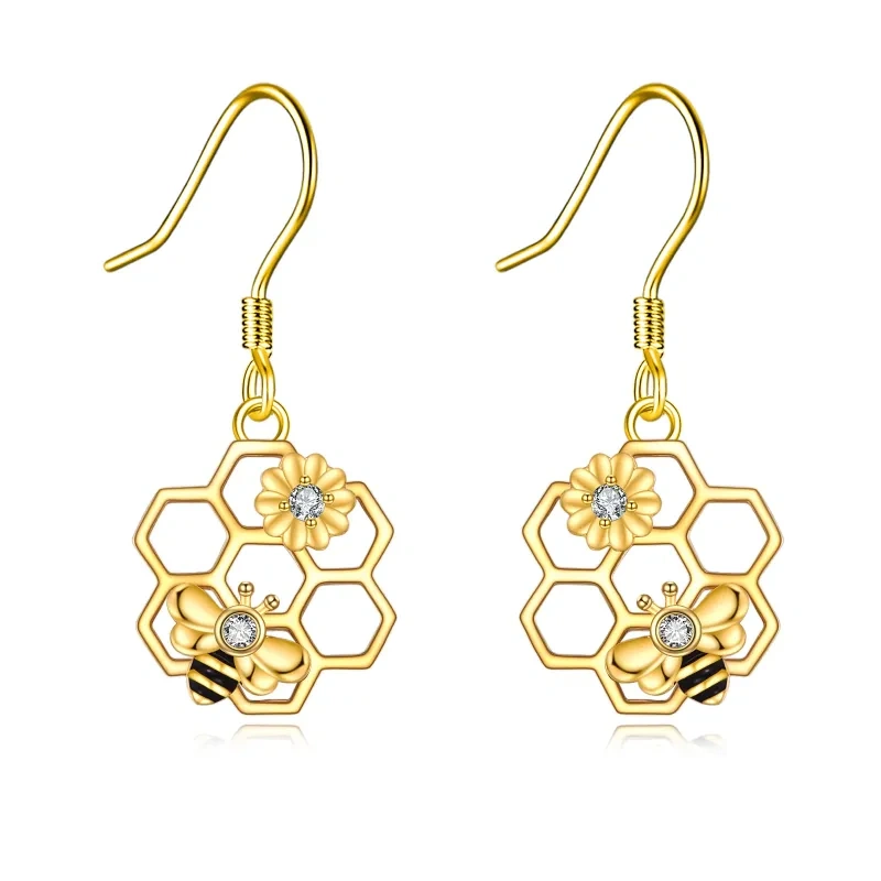 Pendientes colgantes circulares de oro de 10 quilates con forma de abeja y girasol y circonitas cúbicas-1