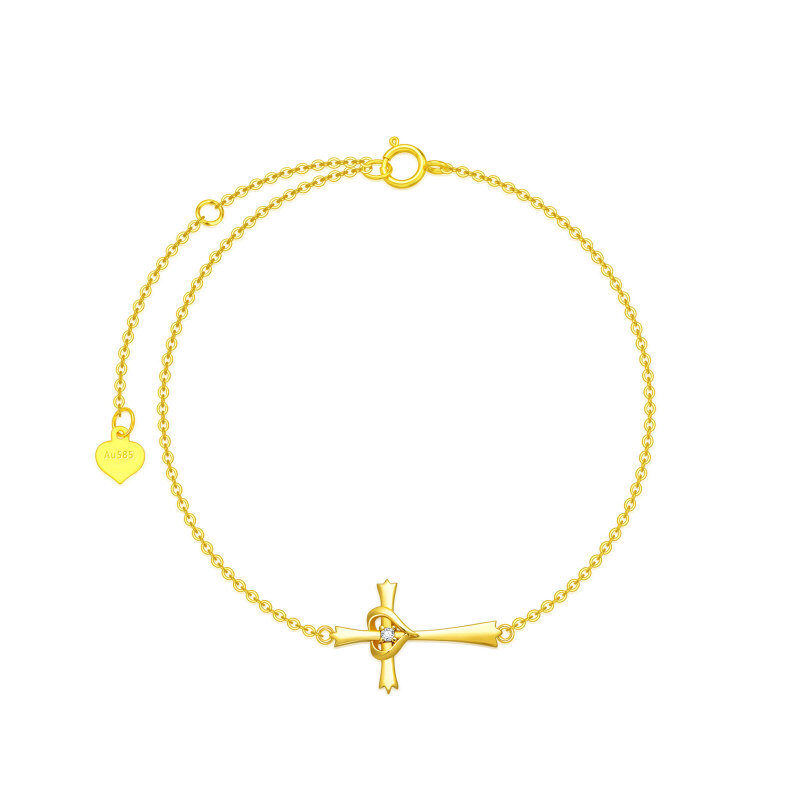 Pulsera con dije de cruz y corazón de circonita cúbica en forma circular de oro de 10 quilates-1