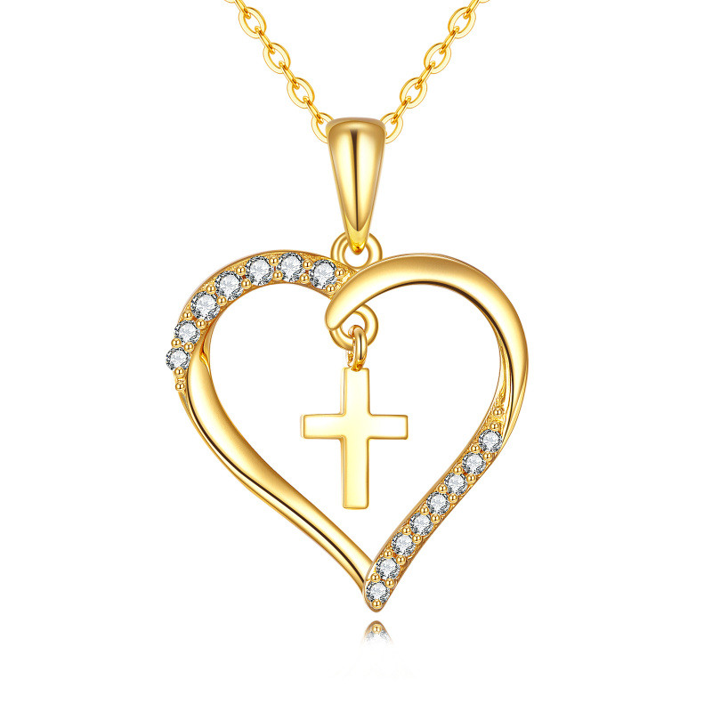 Collar con colgante de cruz y corazón de circonita cúbica en forma circular de oro de 18 quilates-1