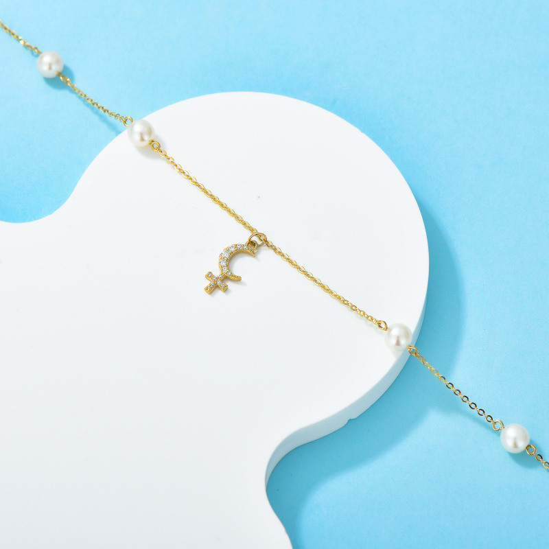 Bracelet en or 10K avec pendentif croix et lune en zircon cubique-4