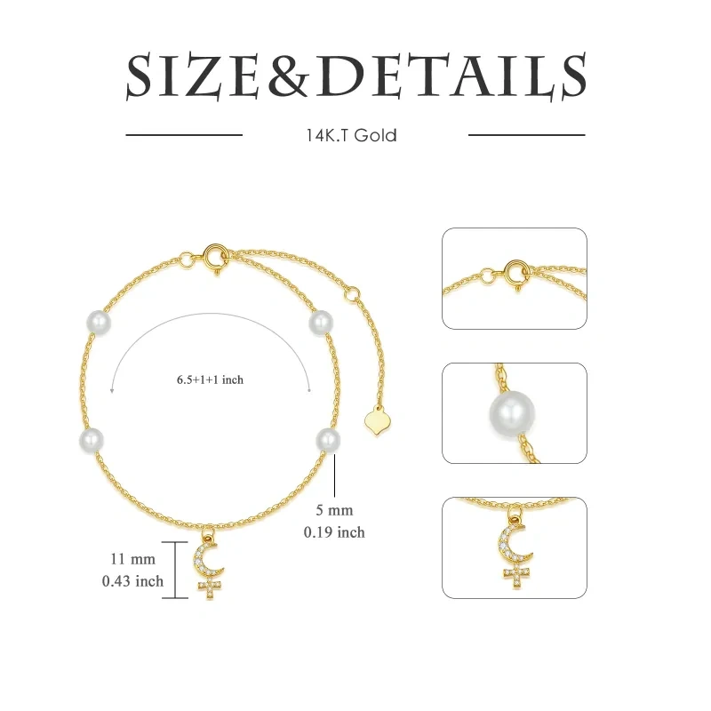 Bracelet en or 10K avec pendentif croix et lune en zircon cubique-5