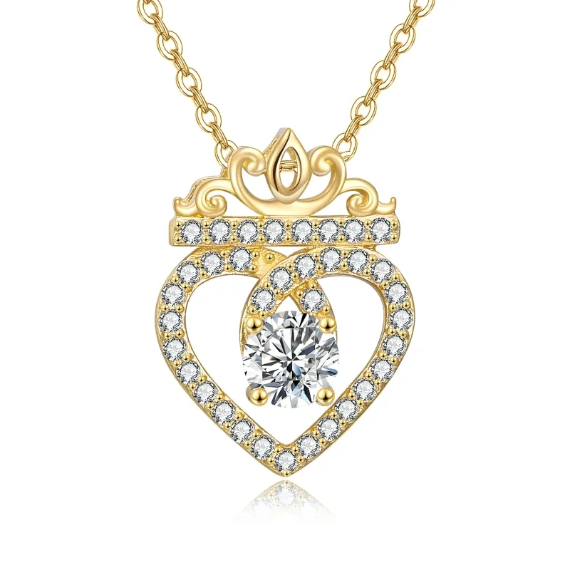 18K Gold Circular Shaped Cubic Zirconia Crown & Heart Pendant Necklace-1