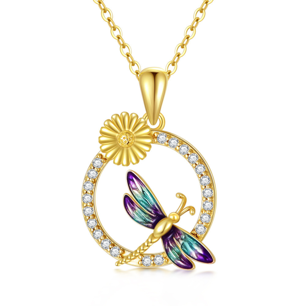 10K Gold Circular Shaped Cubic Zirconia Dragonfly & Daisy Pendant Necklace