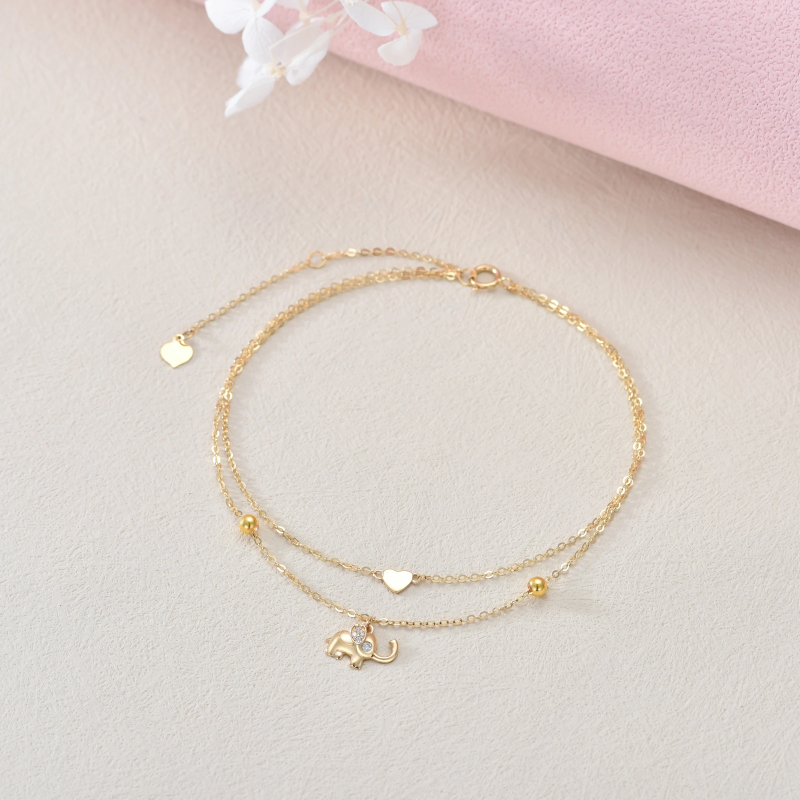 Bracelet de cheville en or 10K à zircon cubique en forme d'éléphant et de coeur multicouch-3