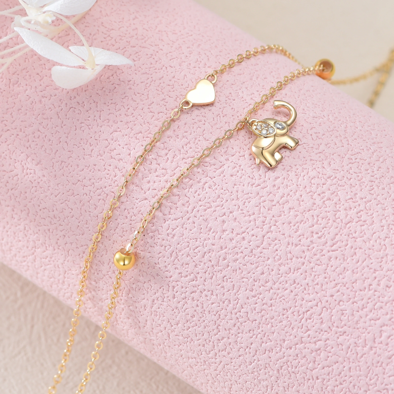 Bracelet de cheville en or 10K à zircon cubique en forme d'éléphant et de coeur multicouch-4