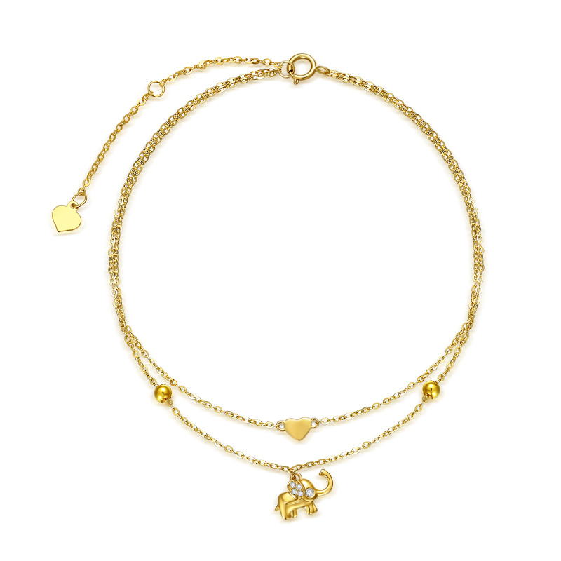 Bracelet de cheville en or 10K à zircon cubique en forme d'éléphant et de coeur multicouch-1