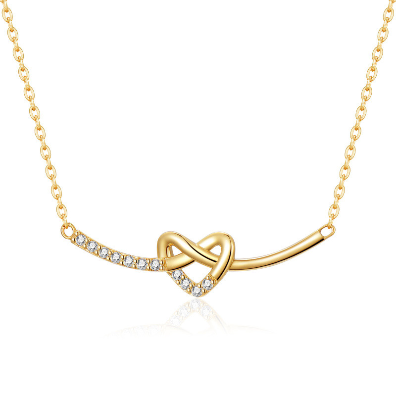 Collar con barra de corazón circular de circonita cúbica en oro de 10 quilates-1