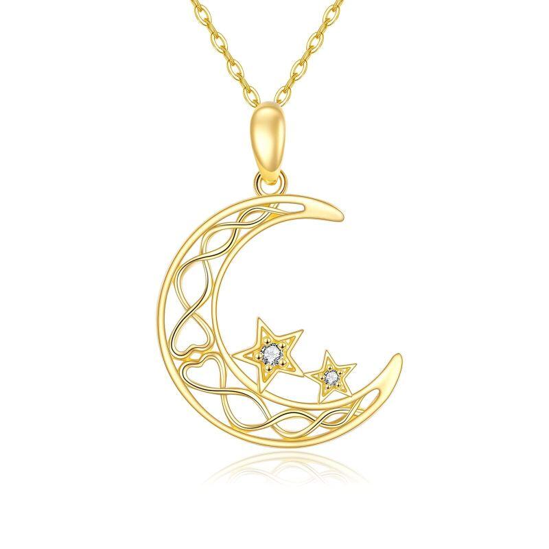 Collar con colgante circular de luna y estrella de circonita cúbica en oro de 18 quilates-1