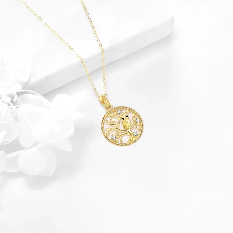 Collar colgante de oro de 14 quilates con circonita cúbica en forma de búho y árbol de la-3