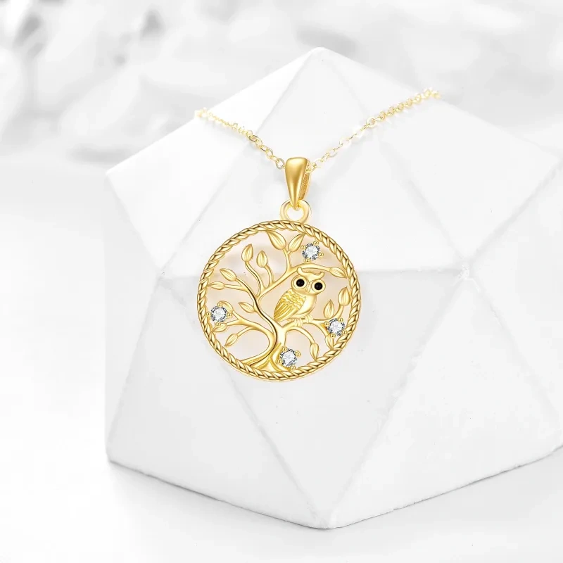 Collar colgante de oro de 14 quilates con circonita cúbica en forma de búho y árbol de la-4