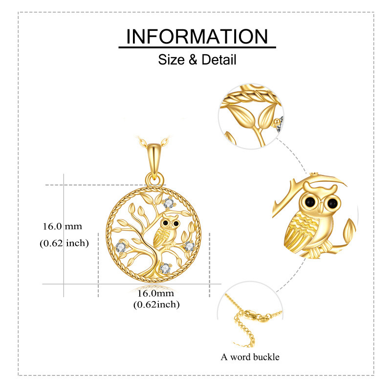 Collar colgante de oro de 14 quilates con circonita cúbica en forma de búho y árbol de la-5