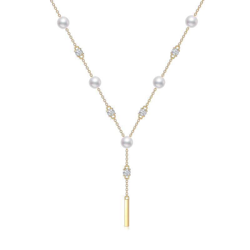 Collar en Y no ajustable de oro de 9 quilates con circonitas cúbicas circulares y perlas-1