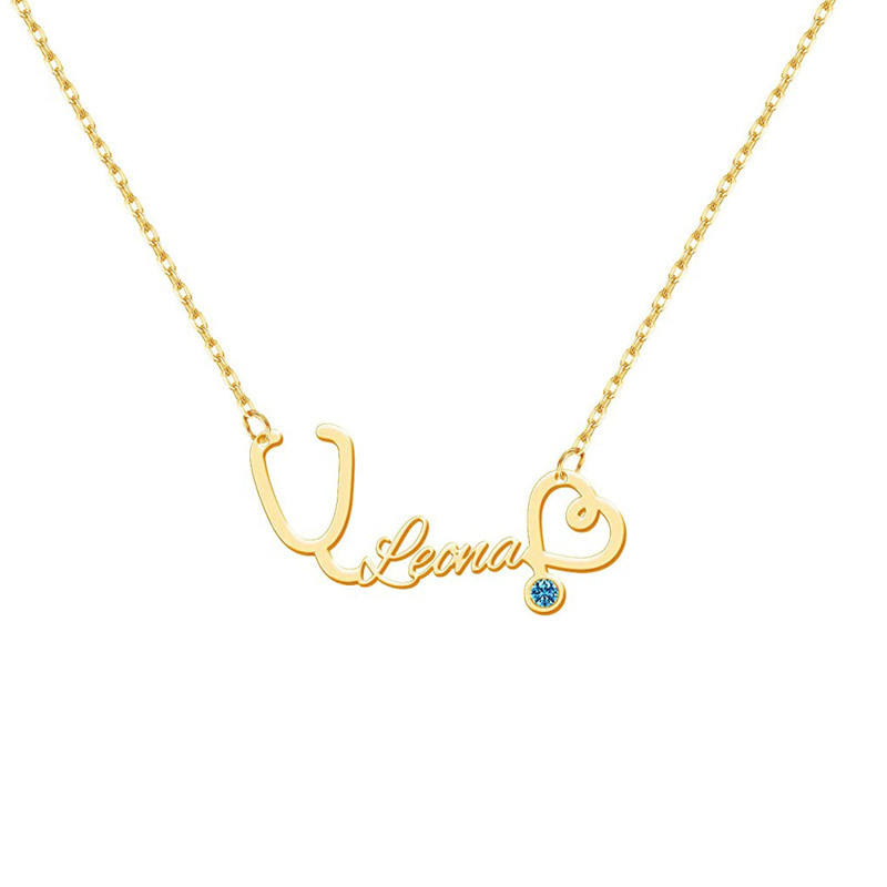 Collar con colgante personalizado clásico con nombre, de circonita cúbica circular en oro de 18 quilates-1