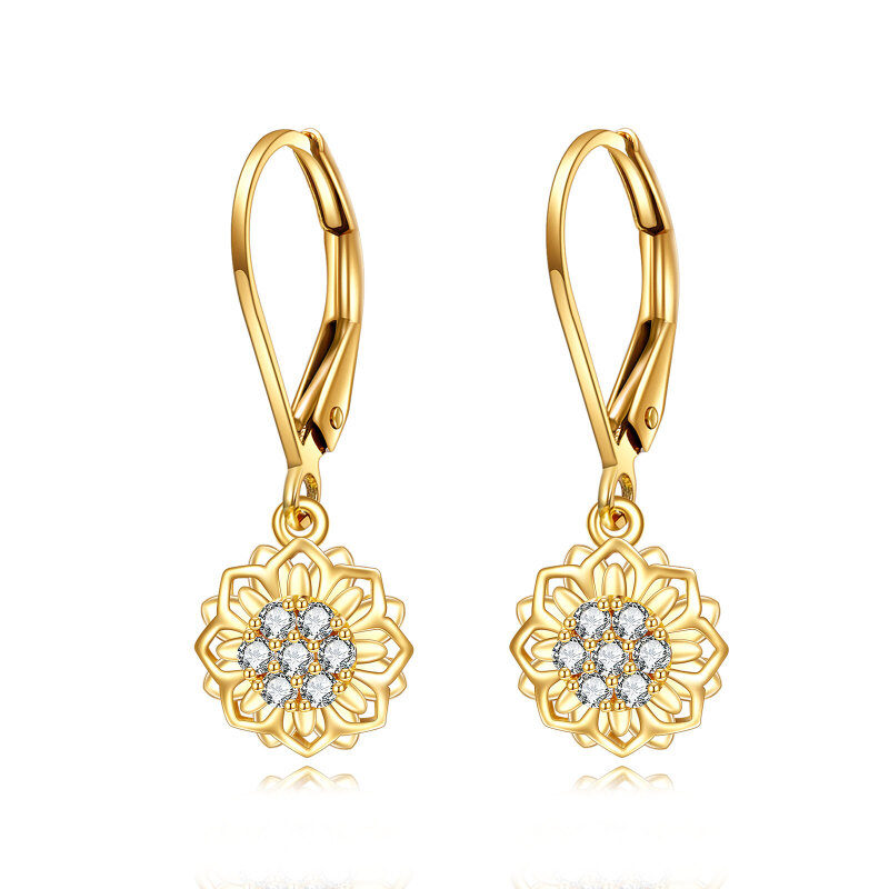 18K Gold Circular Shaped Cubic Zirconia Sunflower Lever-back Earrings-1