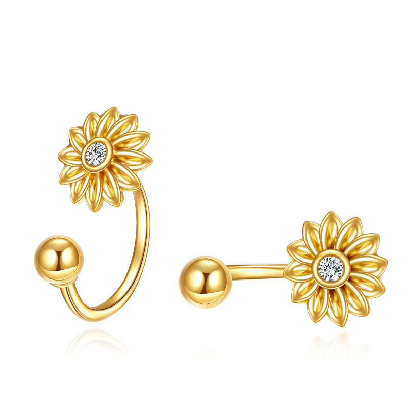 18K Gold Circular Shaped Cubic Zirconia Sunflower Stud Earrings-1