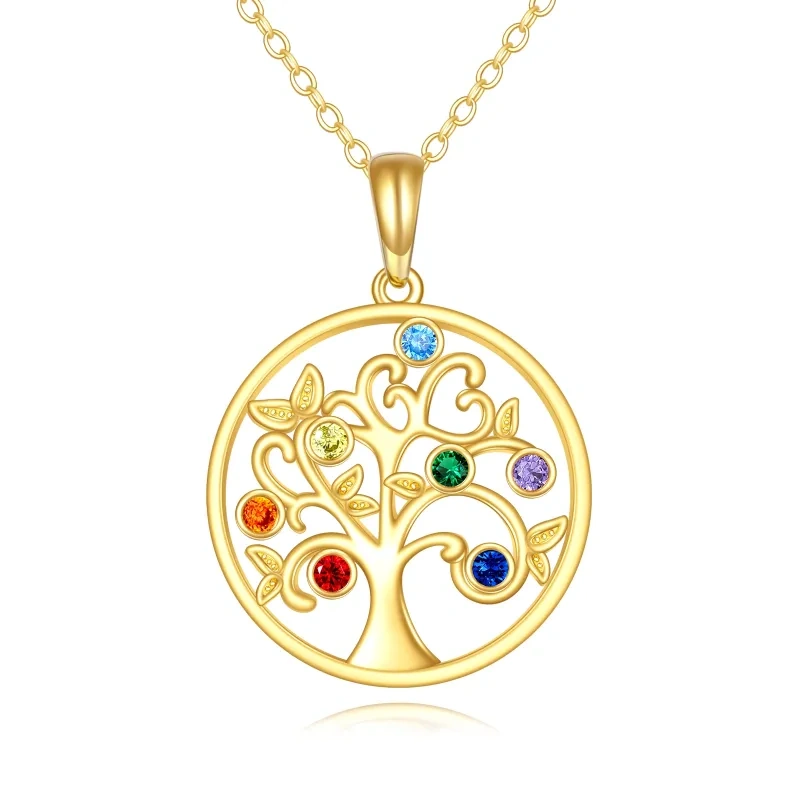 Collar con colgante circular de oro de 10 quilates con circonitas cúbicas, árbol de la vida y chakras-1
