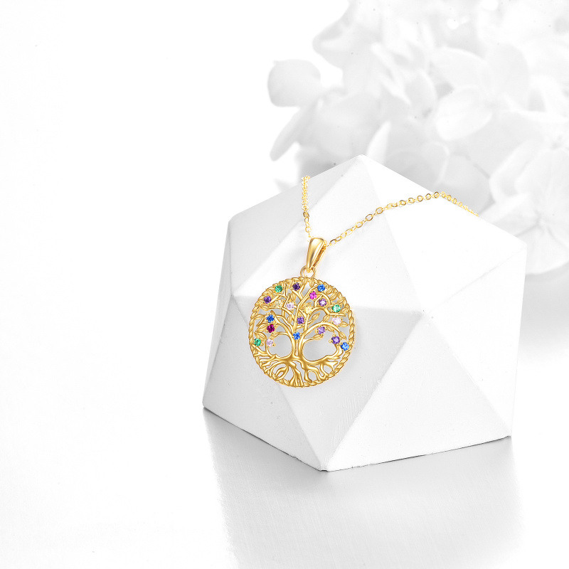Collar con colgante de árbol de la vida con circonita cúbica en forma circular de oro de 14 quilates-3