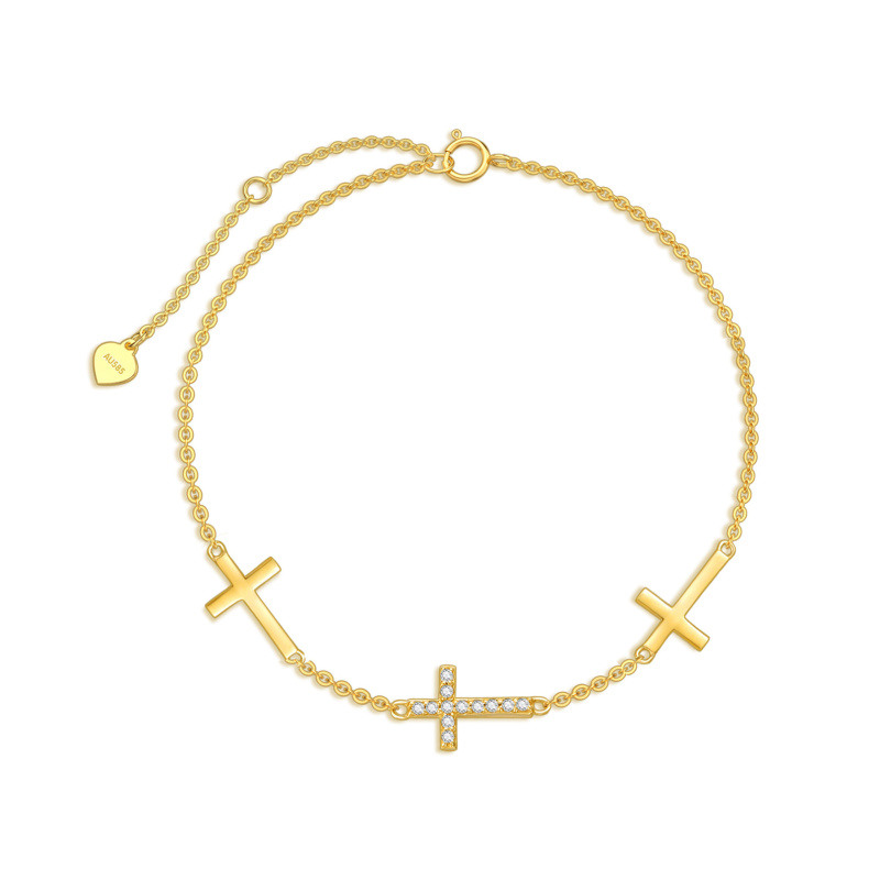 14-karätiges Gold-Fußkettchen mit kreisförmigem Diamantkreuz (einlagig)-1